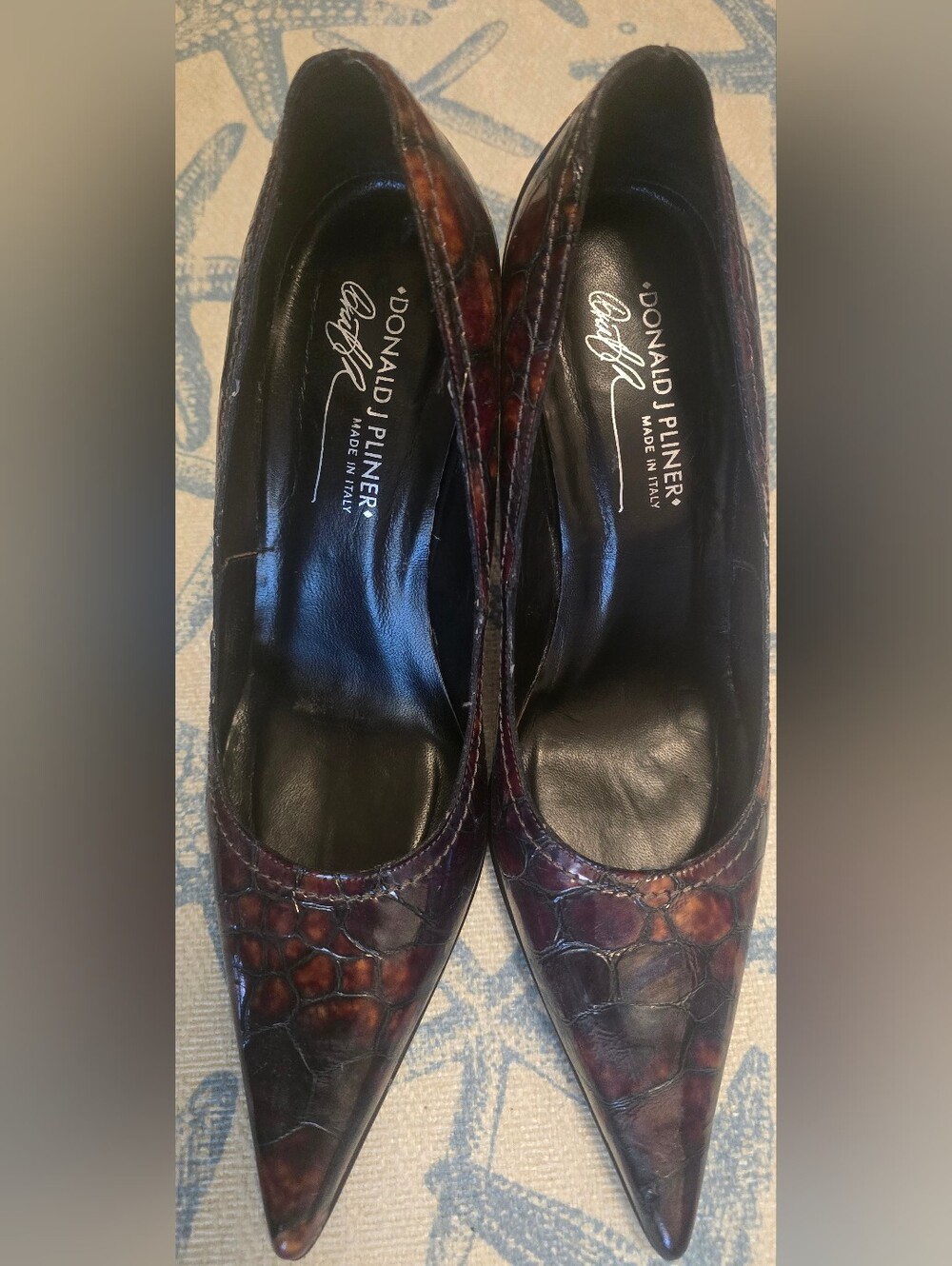 Vintage Donald J Pliner Pumps Y2K Tortoiseshell Alligator Patent Leather, 8.5